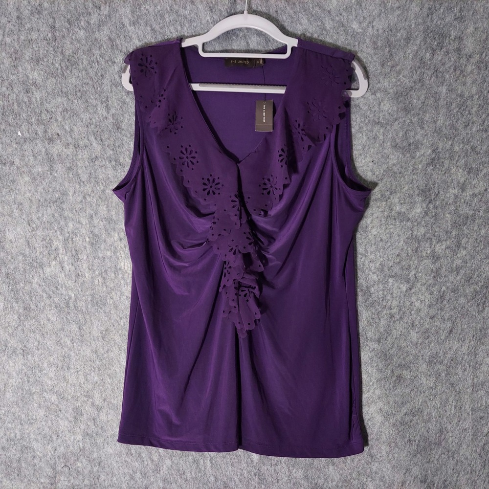 The Limited Blouse Women Xl Purple Ruffle Laser Cut V Neck Slinky Stretch Ruched